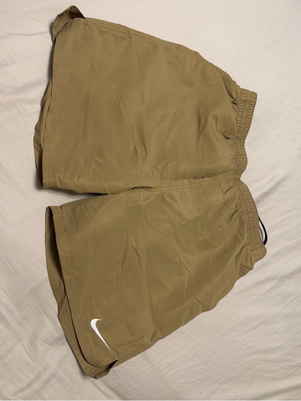 Nike Men's Khaki Swimming Shorts with White Swoosh